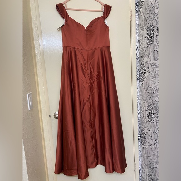 Off-Shoulder Cinnamon / Rust Satin A-Line Dress - Picture 4 of 9